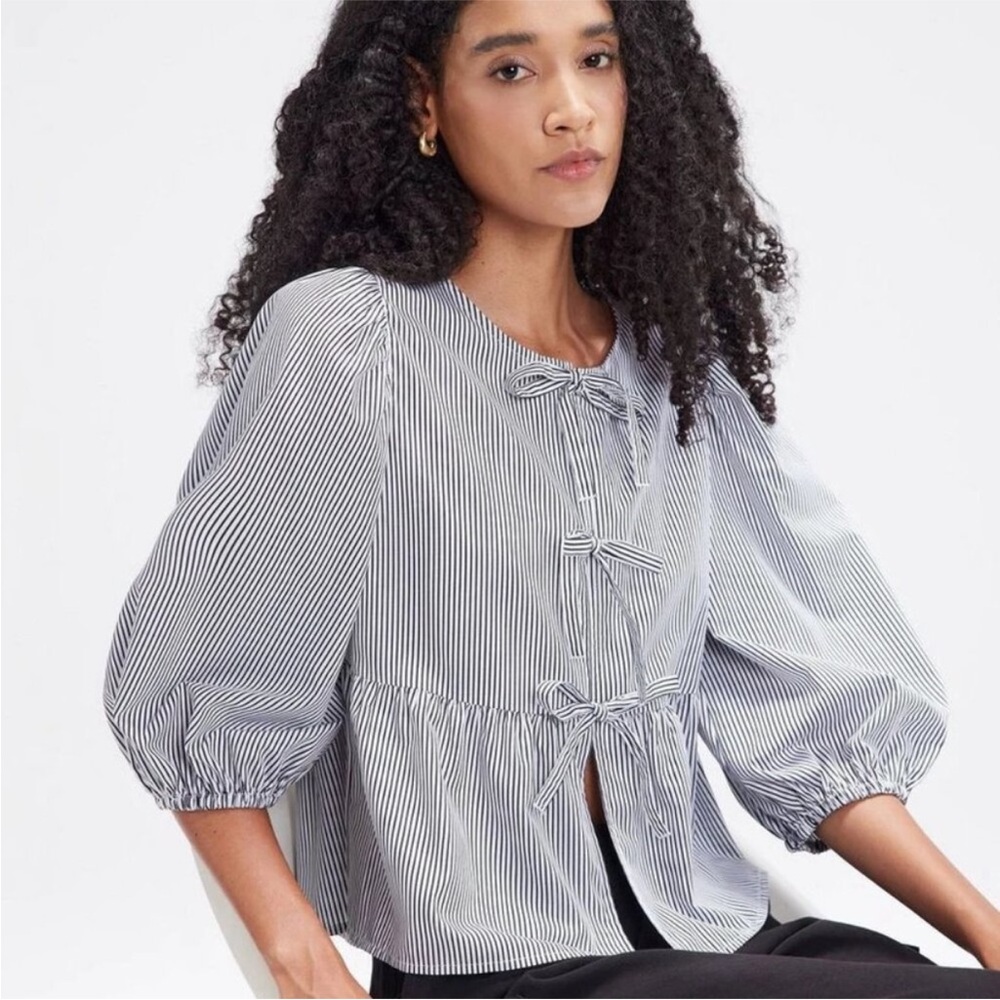 NEW! Women's Elbow Sleeve Peplum Tie Front Blouse Black and White, Size XXL